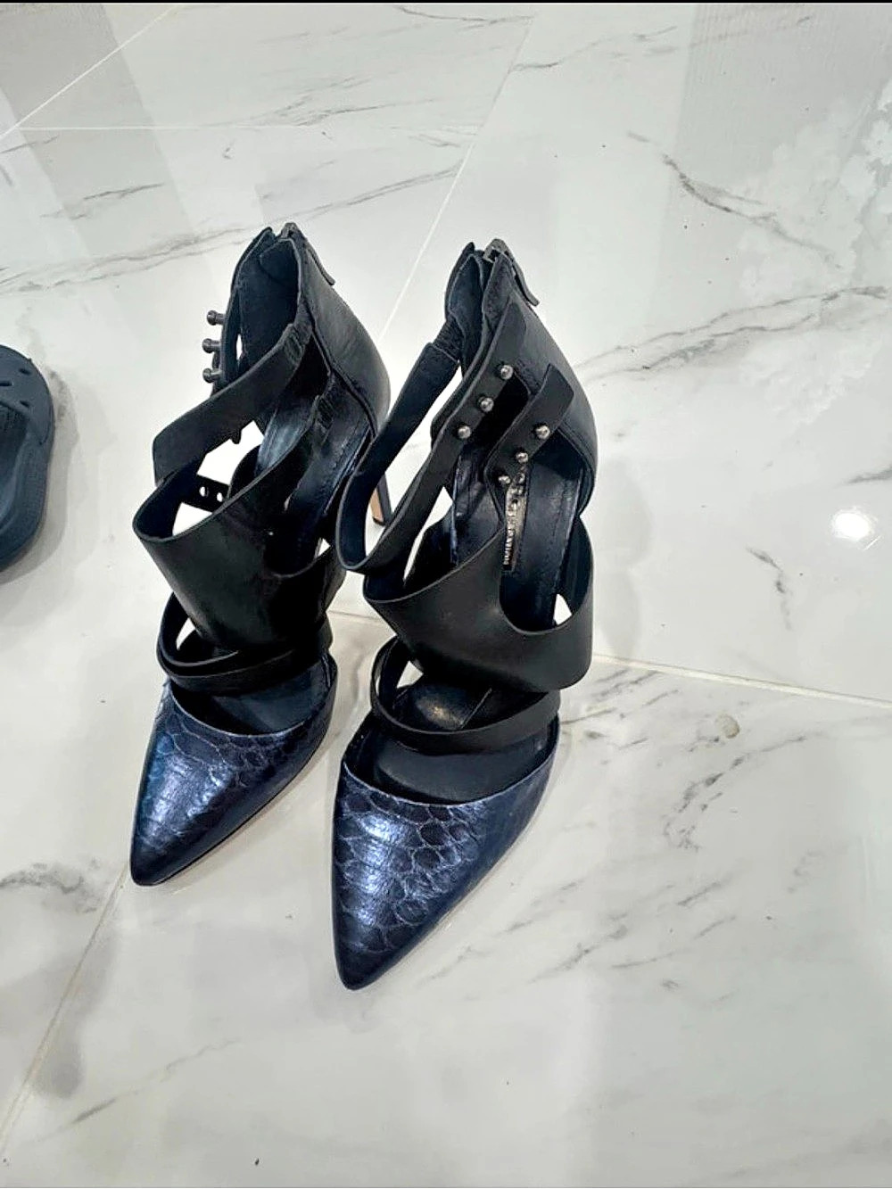 Black and Navy Blue Studded Pointed-Toe Heels